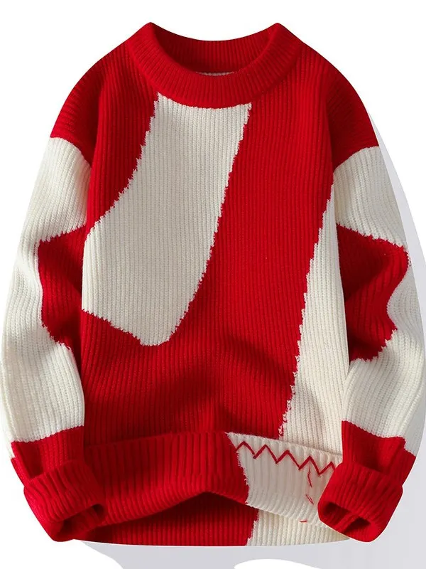 

Утепленный круглый вязаный свитер для подростков: теплый повседневный базовый слой, модный дизайн с цветовыми блоками, одежда для студентов