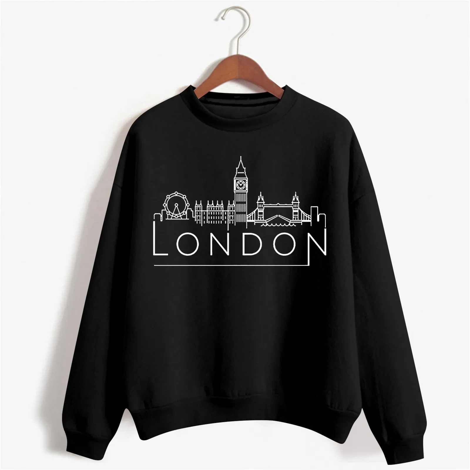 Women's Solid Round Neck Long Sleeved LONDON Printed Hoodie Hoodies Women Zipper Front Light Hoodie Full Zip