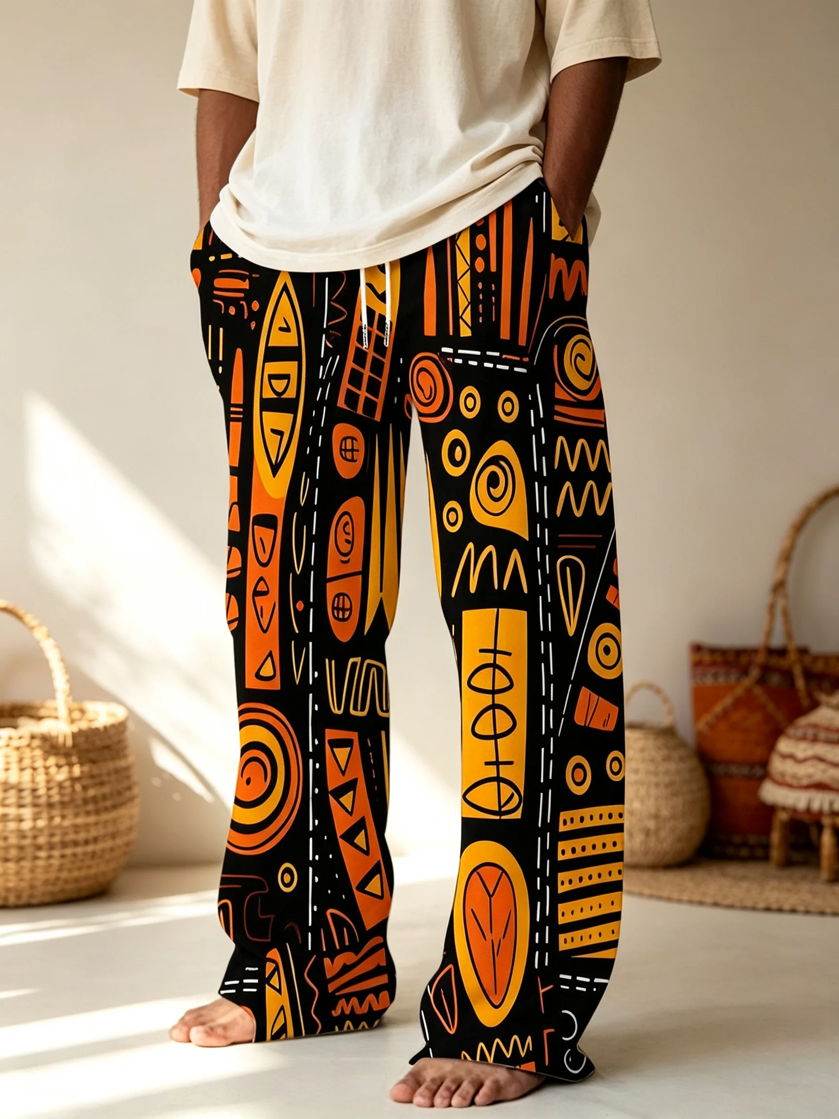 Men African Tribal Geometric Print Wide Leg Pants Drawstring Elastic Waist Casual Loose Long Trousers  Beach Vacation