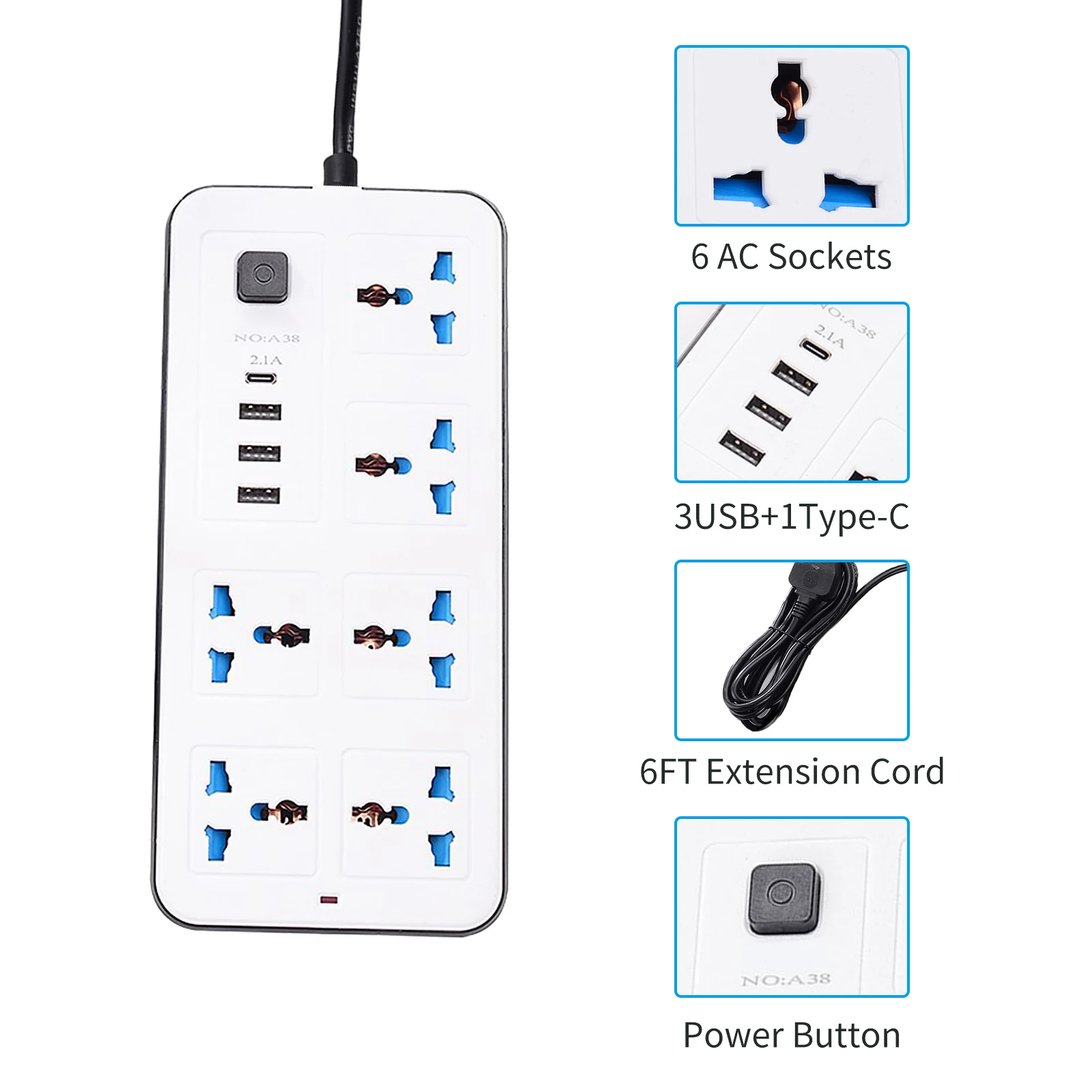 Power Strip With 6 AC Sockets & 3 USB 1 Type C Port 6FT Extension Cord Surge Protector for Home Office Dorm Power Button Safe to