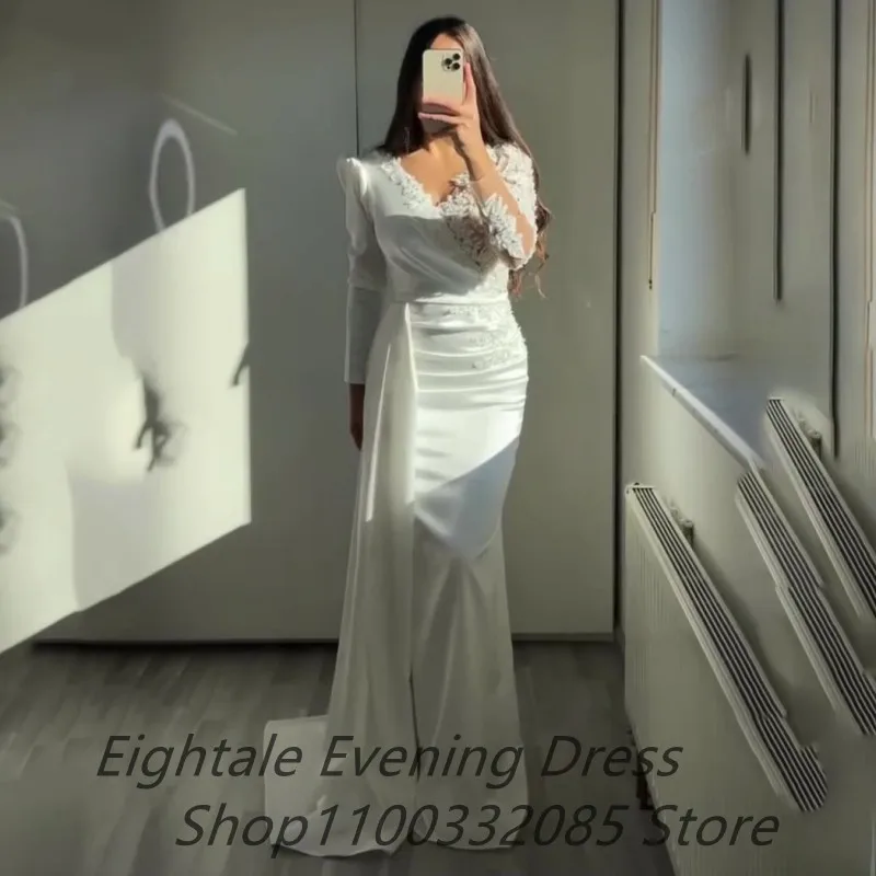 Long Sleeve White Mermaid Luxury Evening Dress With Appliques Beads Arabic Floor Length Side Slit Prom Party Gown Customized