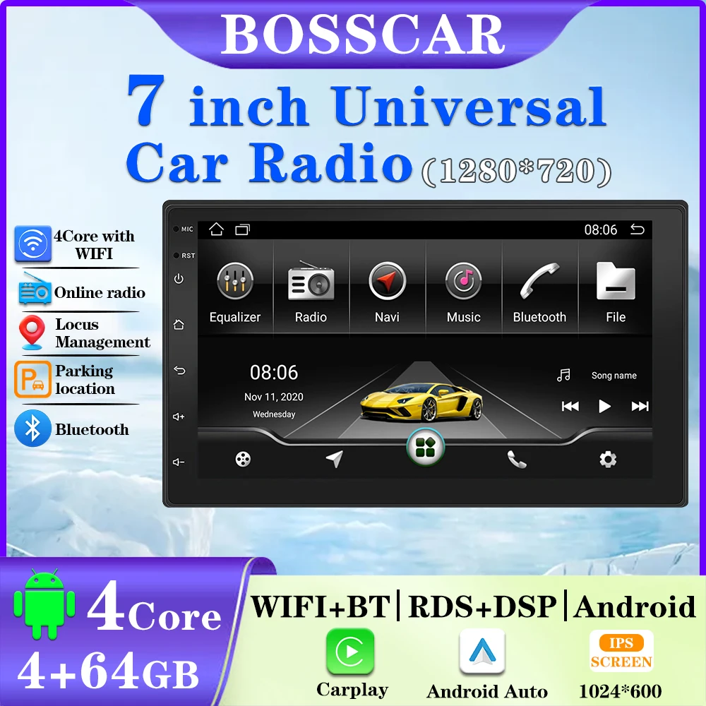 

BOSSCAR 4core 8core 2 Din Car Radio Androidauto Carplay Android 13 GPS Car Audio 7" WIFI BT IPS Automotive Multimedia Player
