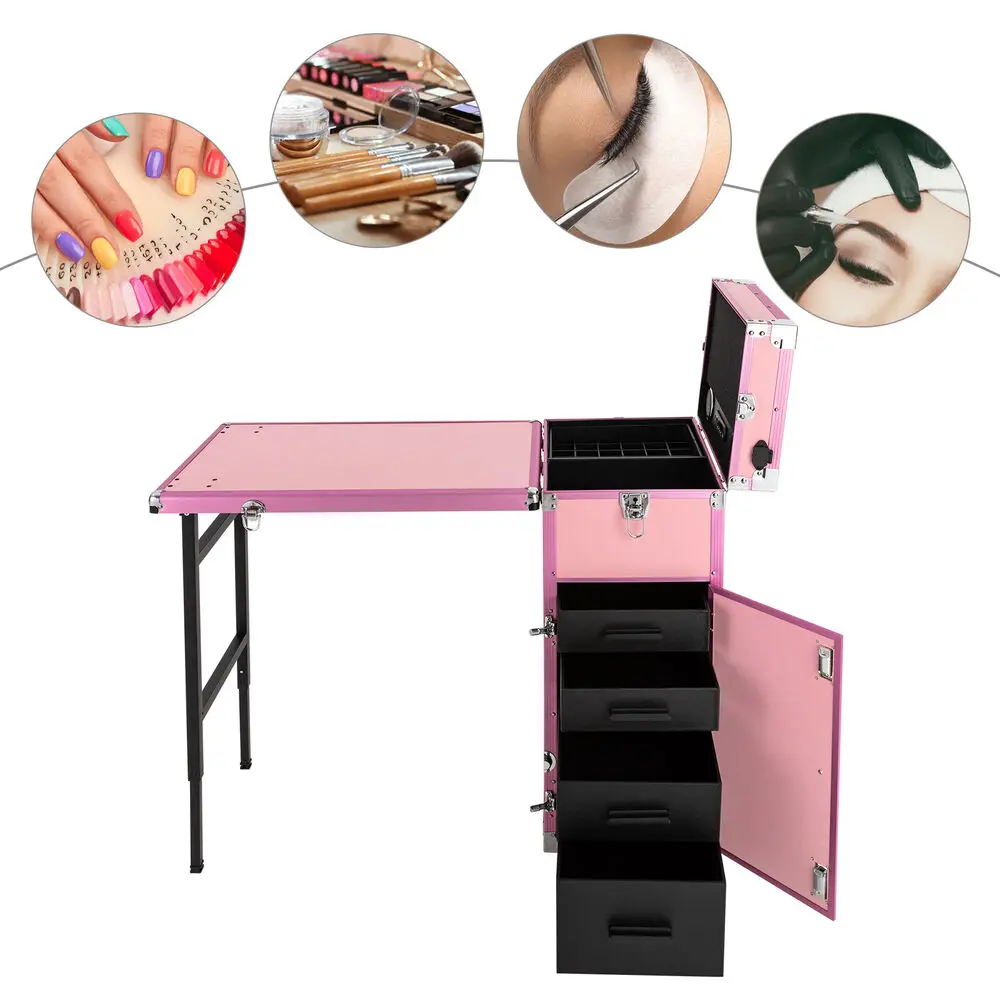 

Rolling Manicure Table Travel Train Case Cosmetic Trolley Cart Nail Desk+Speaker