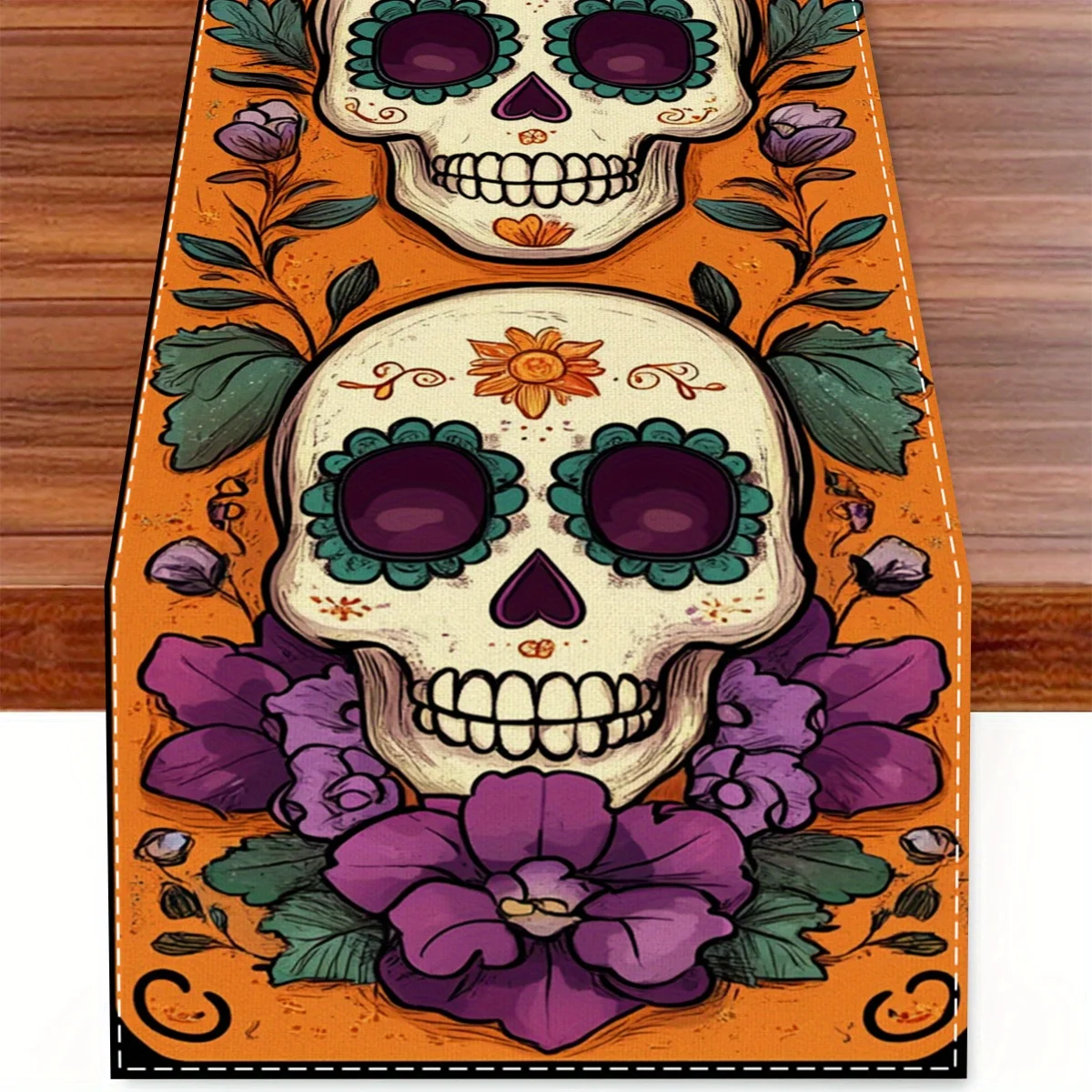Mexican Day of The Dead Linen Table Runner for Table Decor Mexico Purple Floral Kitchen Dining Table Runner Halloween Decoration