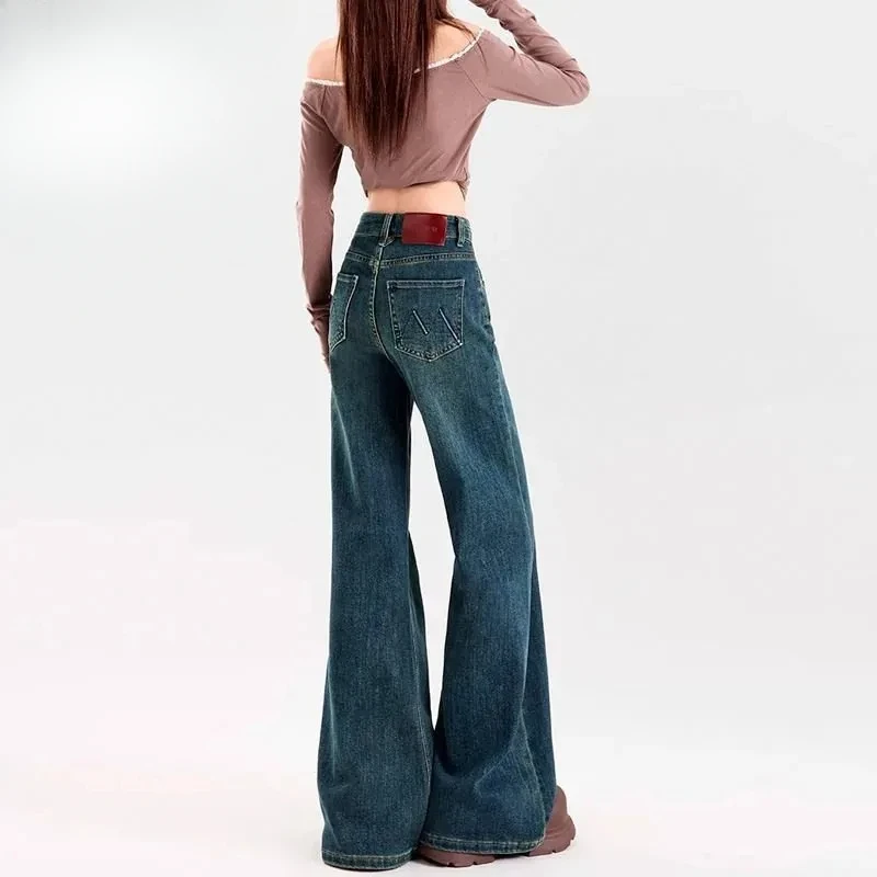 

High Waist Bell Bottom Jeans Women's Loose Fit Elastic Slimming Wide Leg Pants Spring 2025 Vintage Style Casual Denim Trousers