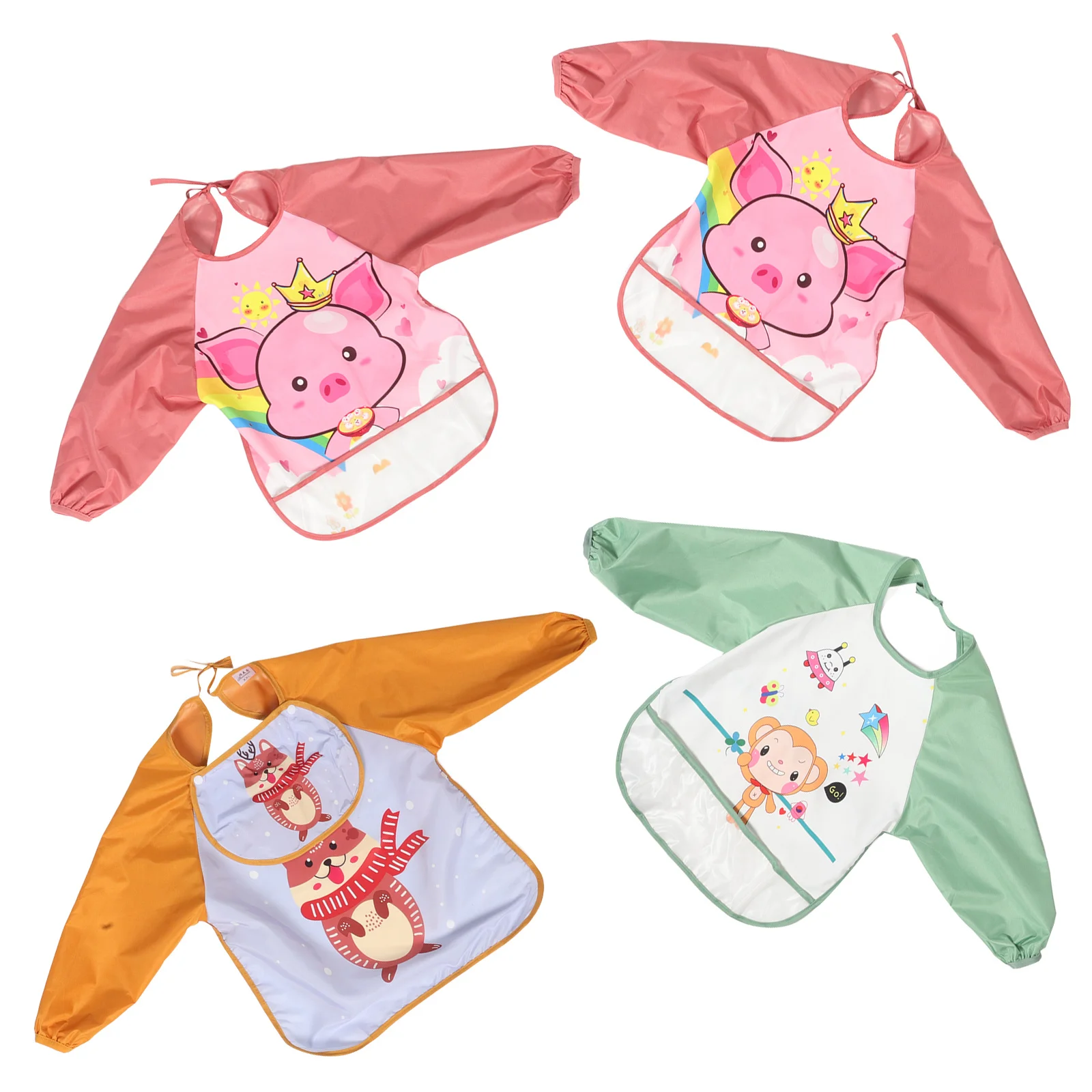 

4Pcs Infant Bib Jumpsuit Water Resistant Painting Smock with Full Sleeve Storage Pockets for Children Arts Crafts Activity