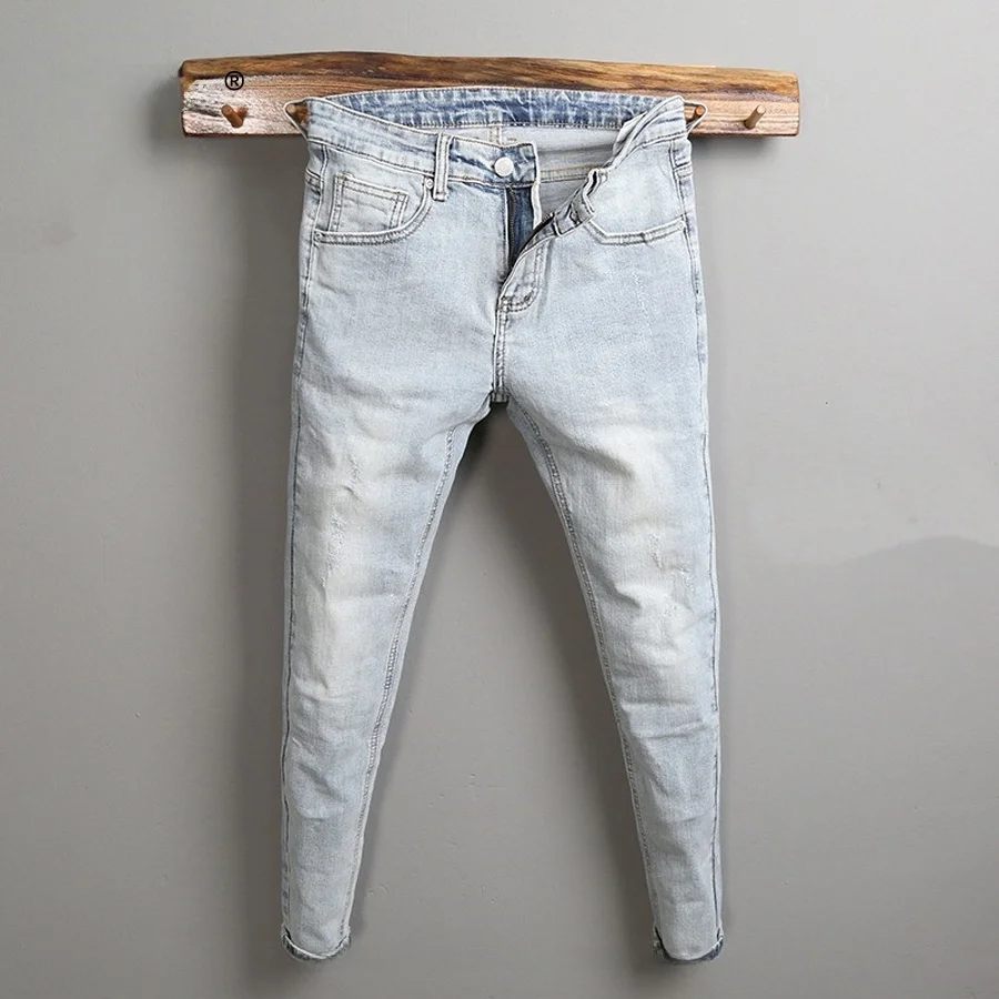 

Waed Denim Jeans Men's Youth Elastic Slim Fit Casual Versatile Long Pants Spring Autumn Light Blue Jeans Trendy Polyester C...