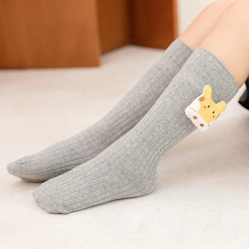 Long Socks For Cute Girls Featuring Solid Color Style And Lovely Cartoon Small Animal Ornaments On The Cuff Soft Stretch Hosiery