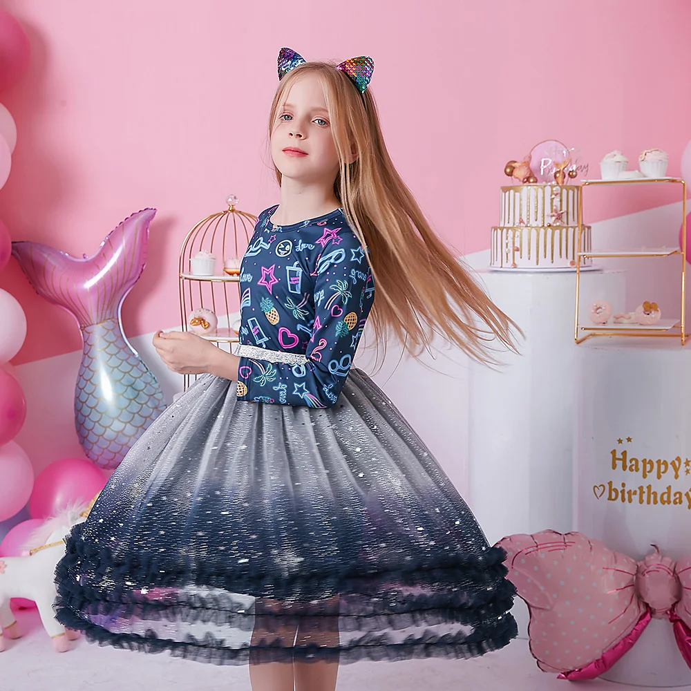 VIKITA Girls Cartoon Print Dress Kids Gradient Birthday Party Performance Prom Gown Patchwork Layered Tulle Tutu Mesh Princess