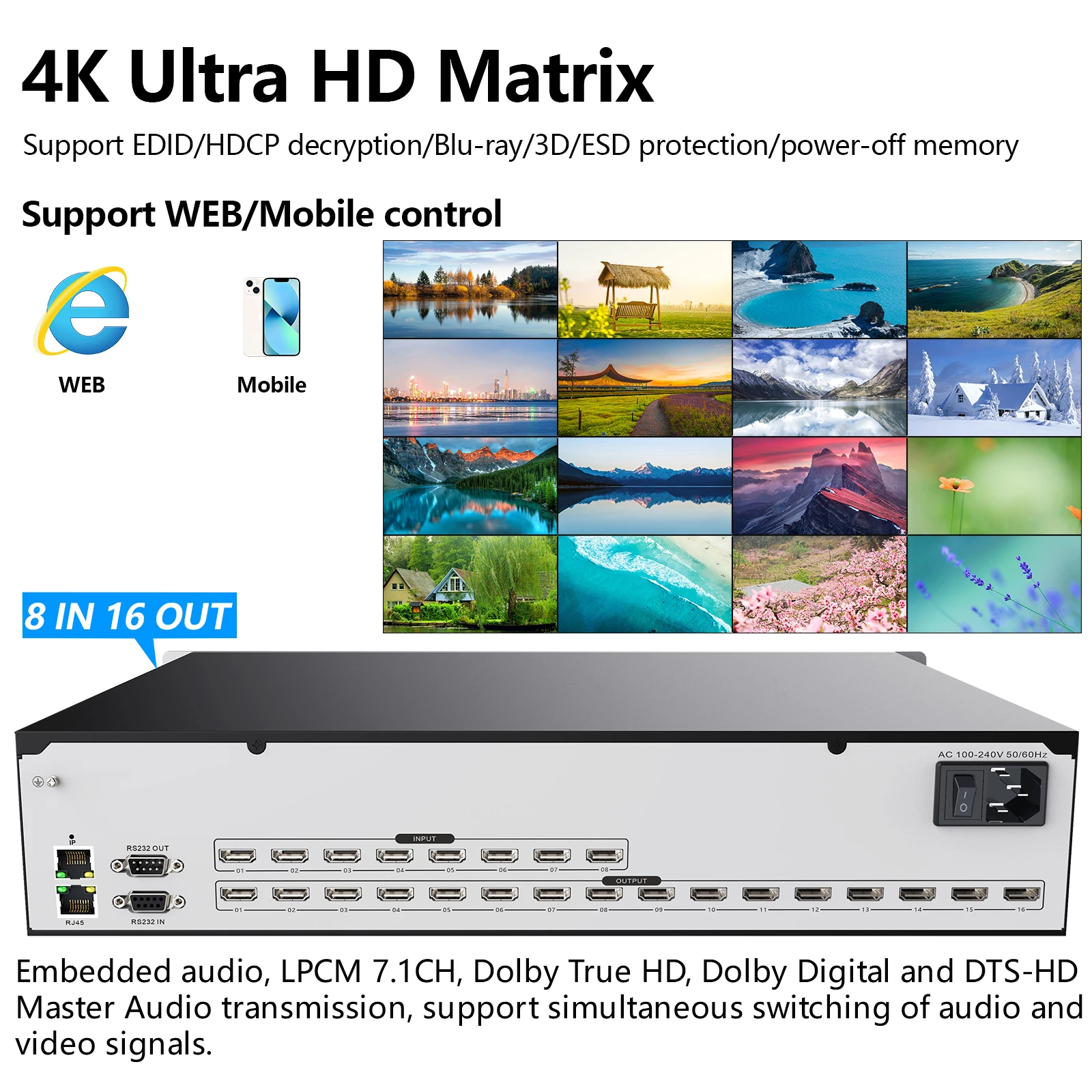 8X16 Hdmi Matrix Switcher 4K @ 30Hz, hdmi Matrix Switch Splitter Ondersteunt Edid Beheer/Hdcp Decodering/Web Control/RS232/Ir/Dolby