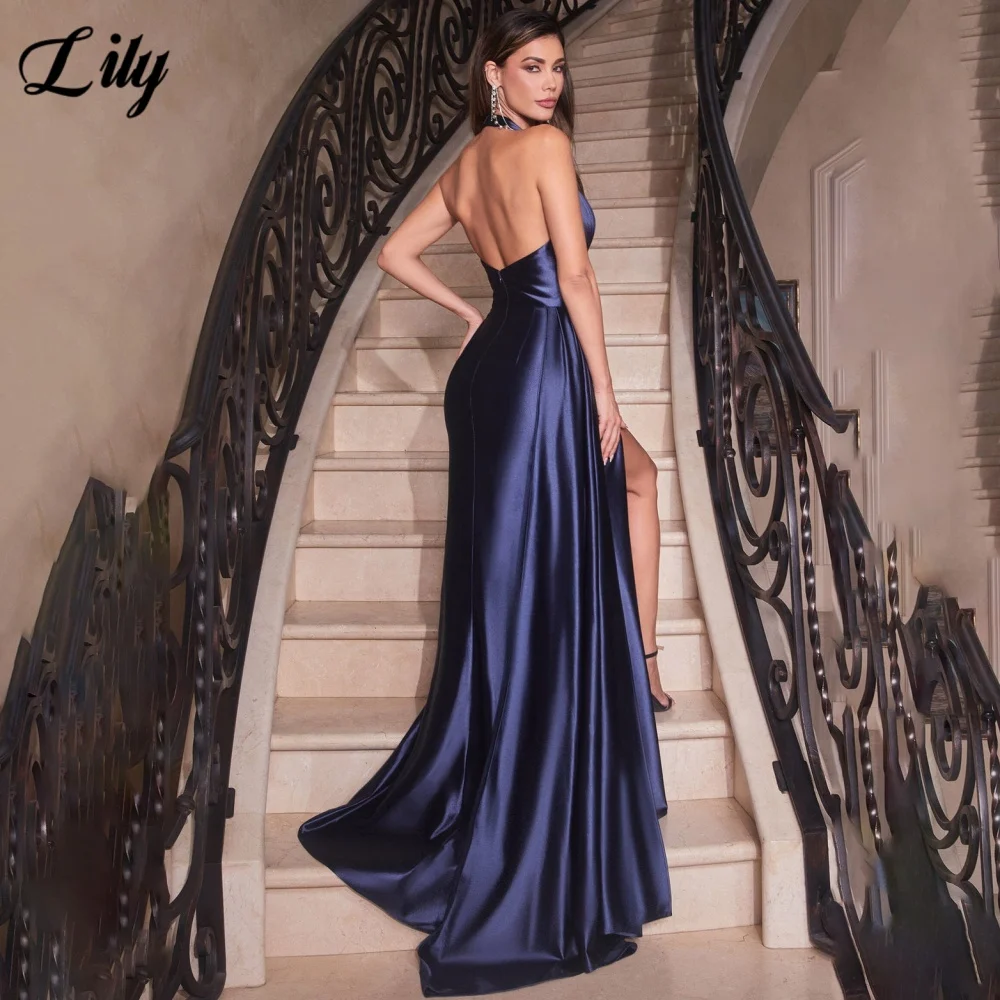 Lily Sexy Modern Style Prom Dresses Deep V-Neck Sleeveless Prom Gown Satin Side High Split Formal Gown robe de bal Customized