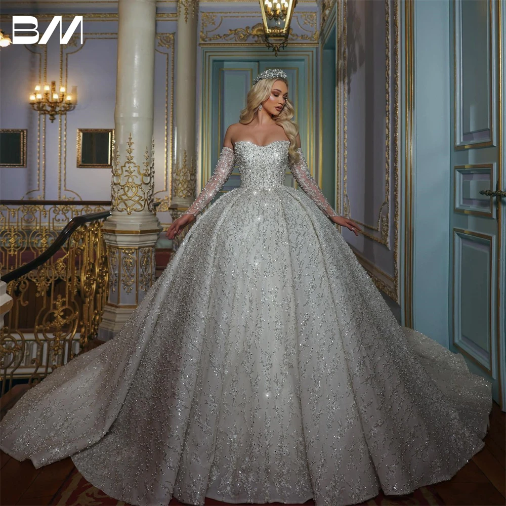 

BRLMALL Embroidery Strapless Wedding Gown Luxury Appliques With Detachable Long Sleeve Princess Bride Dress Custom Made