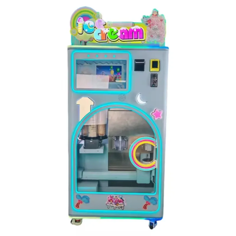 New Full-automatic Cone Ice Cream Machine Intelligent Self-service Vending Single Flavor 3 Fruit Sauces Amusement Parks 1 Year