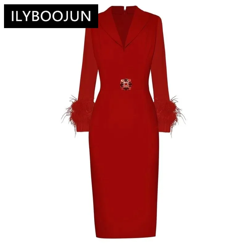 

ILYBOOJUN Fashion Designer Spring Pencil Dress Women Turn-down Collar Feathers Long Sleeve Diamonds Elegant Party Dresses