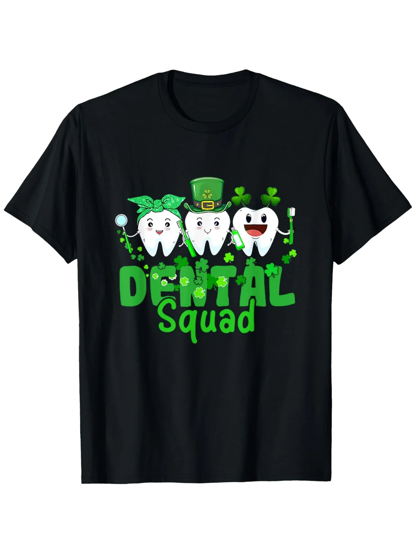 Funny Men's Black Graphic T-Shirt Dental Squad Cartoon Teeth Green Clover Lucky Hat Smiling Tooth Brush Letter Print 100% Cotton Heavyweight Short Sleeve Casual Streetwear Tee