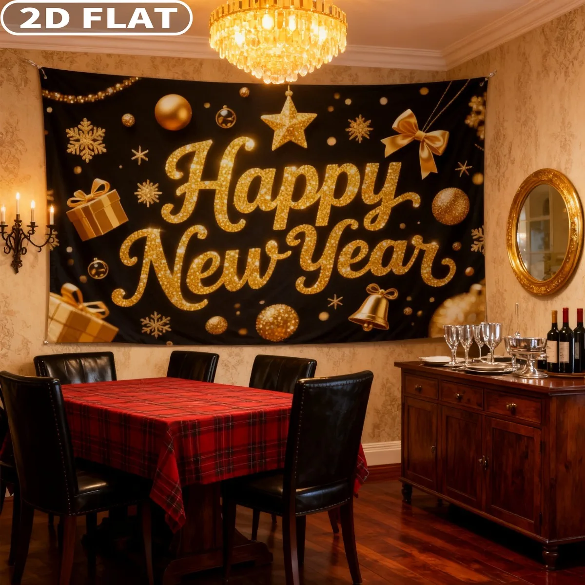 1pc Happy New Year 2026 Tapestries Banner, for Party Decorations, 71x43 Inch, Golden Stars Design, Durable Polyester