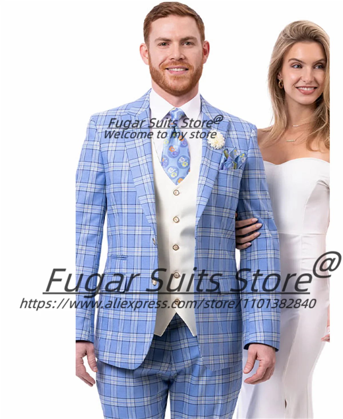 

Customized Sky Blue Palid Party Suits For Men Slim Fit Notched Lapel Groom Wedding Tuxedos Male Business Blazers Costume Homme