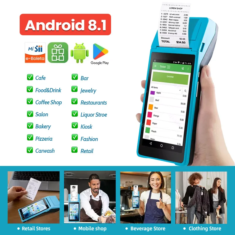 

Android 8,1 PDA e-Boleta SII Loyverse POS System 58 мм Термопринтер Bluetooth Wi-Fi портативный кассовый терминал с принтером 5,5 дюймовый сенсорный экран