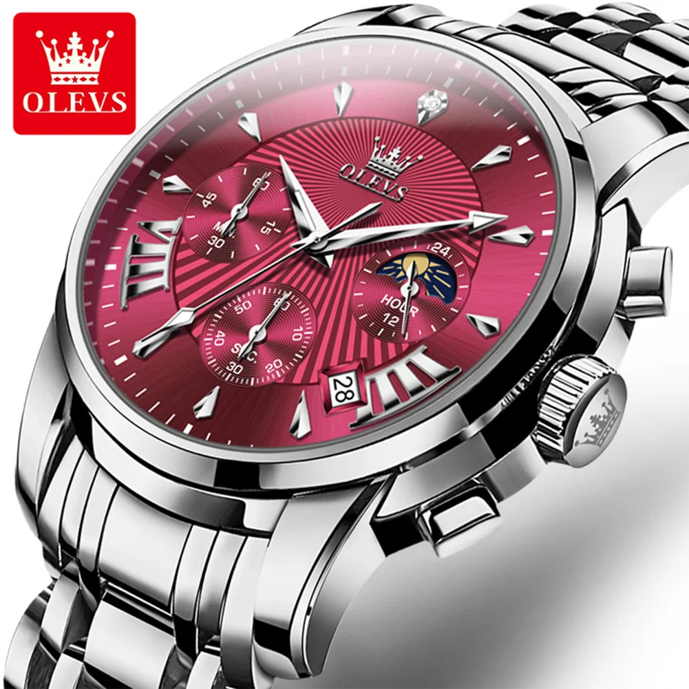

OLEVS мужские часы лучший бренд класса люкс фаза Луны 24-часовой хронограф кварцевые часы из нержавеющей стали водонепроницаемые спортивные наручные часы
