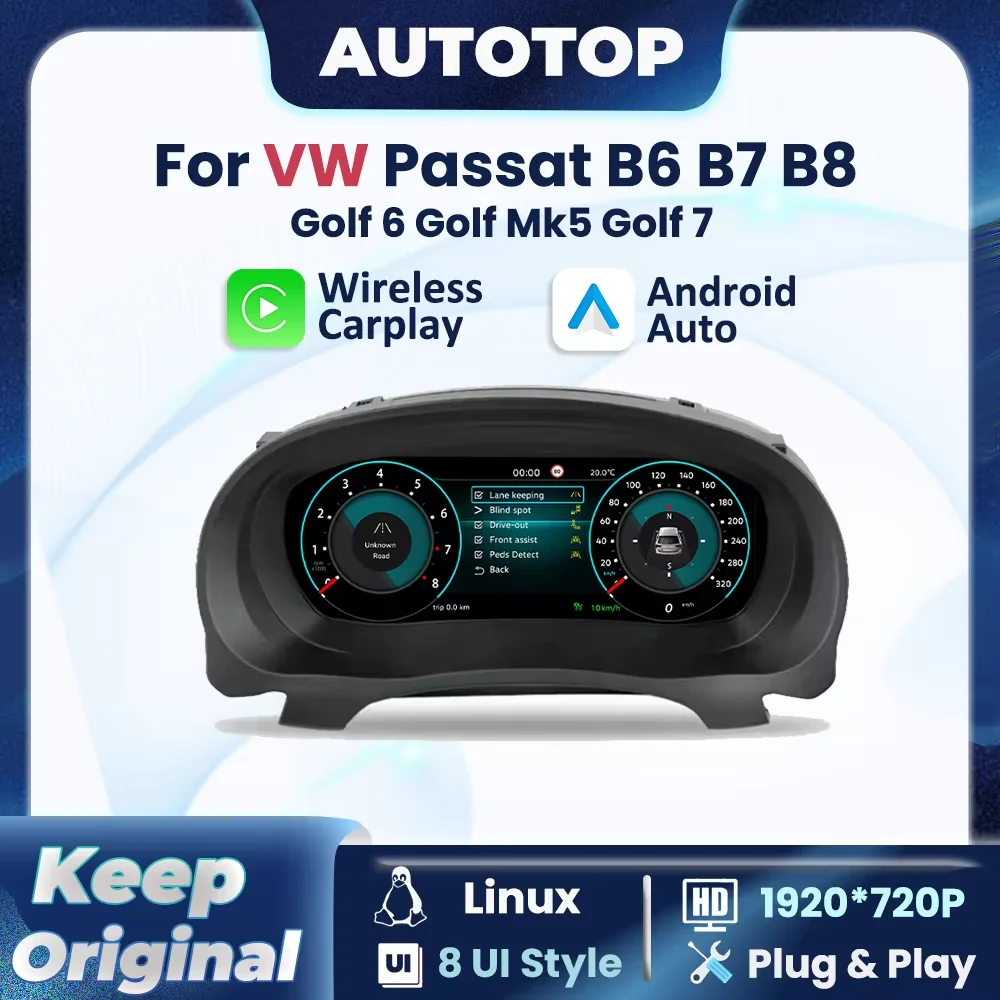 Tableau de bord numérique LCD 12,3 pouces pour VW Golf 6 7 MK7 Passat B6 B8 B7 version US, CarPlay sans fil, Android Auto