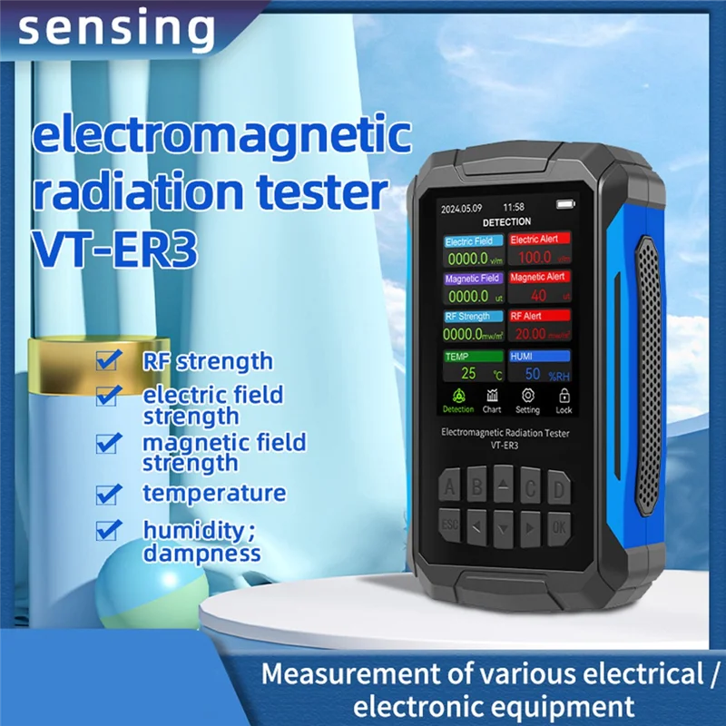 ABRW-VT-ER3 كاشف الإشعاع الكهرومغناطيسي 5 في 1 - اختبار المجال الكهربائي RF والترددات اللاسلكية مع قياس درجة الحرارة والرطوبة