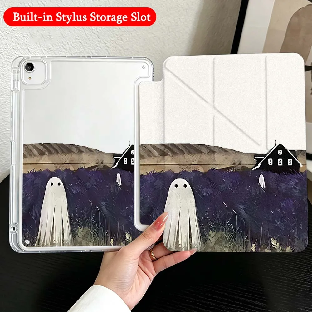 Cartoon Ghost Field House Case For iPad Mini Pro Air 5 6 7 8 9 10th 11th 11 9.7 10.9 13 inch Transparent Y-Shaped Folding Tablet