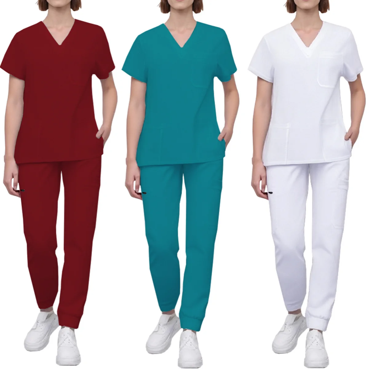 Seragam Medis Kerah V Wanita Kemeja Lengan Pendek Warna Solid Celana Serut Set Scurbs Rumah Sakit Perawat Dokter Pakaian Kerja Salon