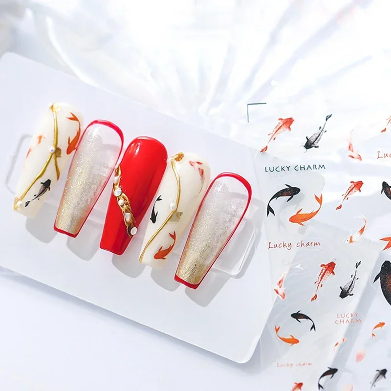 Chinese Black Red Lucky Carp Fish Self Adhesive Nail Art Stickers 5D Soft Relief Nail Phone Decals Goldfish Beach Sea Summer