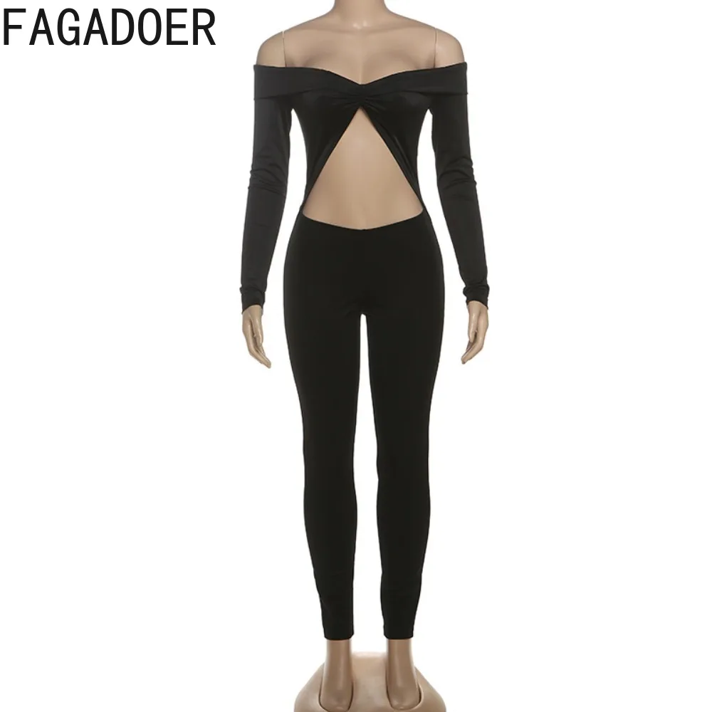 FAGADOER Y2k Sexy Hollow Out Bodycon Jumpsuits Women Off Showlder Long Sleeve One Piece Rompers Female Club Party Overalls New