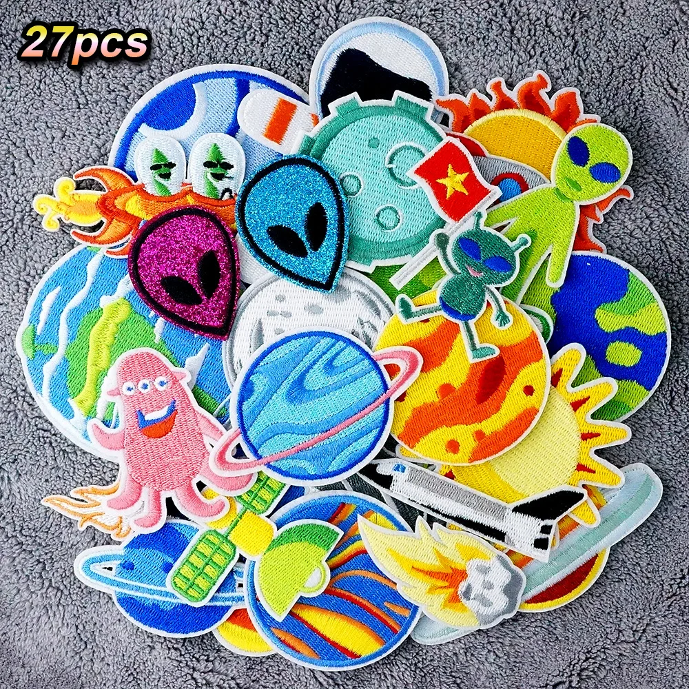 27Pcs/Lot Planet Rocket Iron on Patches Cloth Embroidered Applique Sewing Clothes Apparel Accessories Mend Patch for Clothing