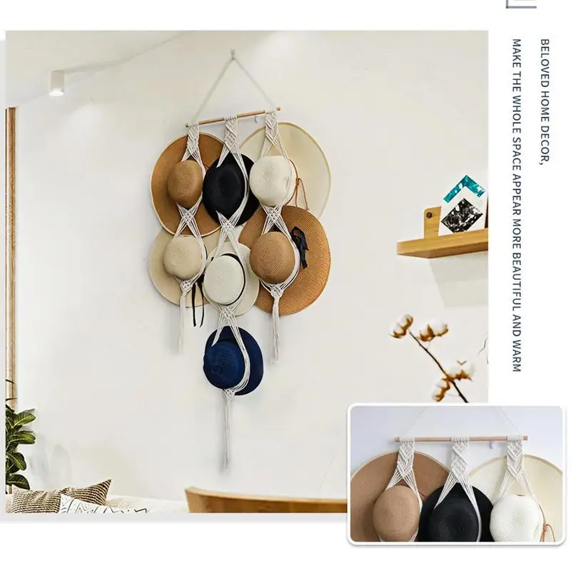 Nordic Style Boho Cotton Hanging Hat Organizer Display Rack Storage Cap Holder Scarf Hanger Macrame Tapestry Wall Decor