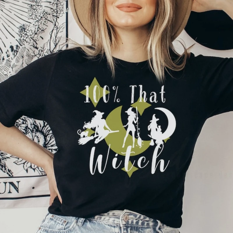 100% That Witch Halloween Shirt Funny Halloween T-Shirt Witchy Vibes Tee Halloween Party Short Sleeve Trick or Treat Tee Gift