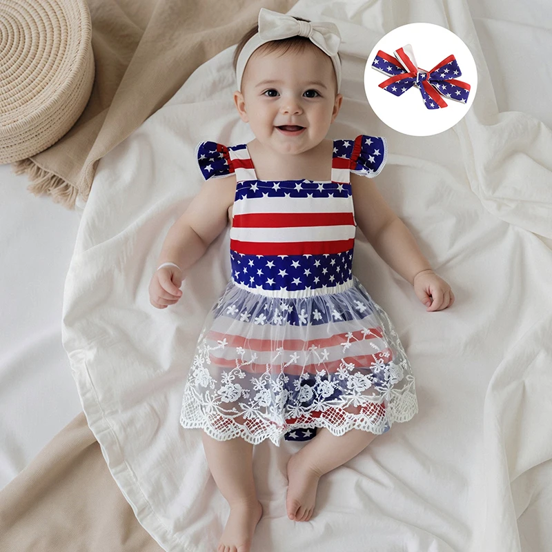 

Toddler Girl Independence Day Clothes American Flag Print Ruffle Sleeve Romper Dress with Headband 2 Piece Set for 4th of July