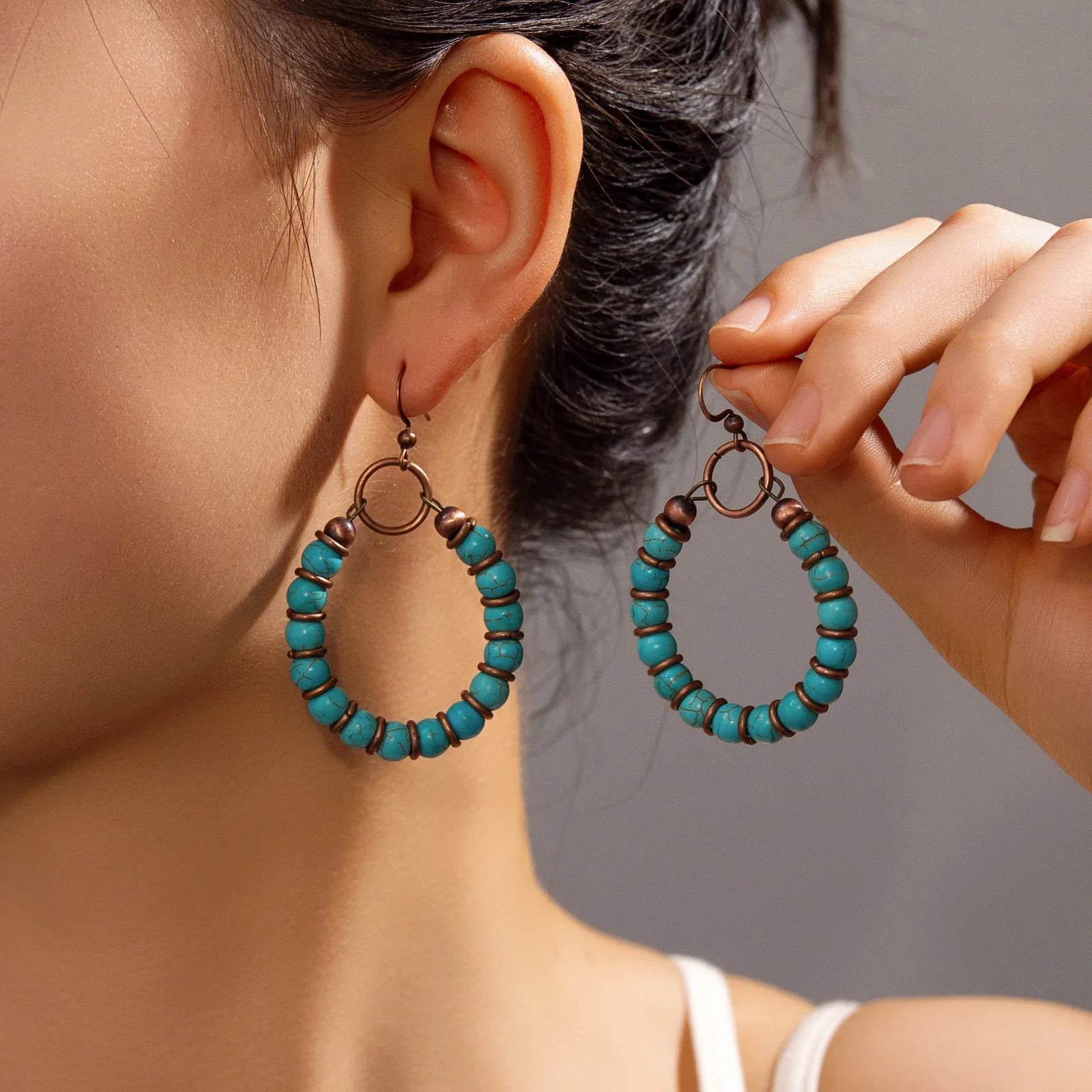 Turquoise Stone Ring - Bohemian style turquoise bead ring women's
