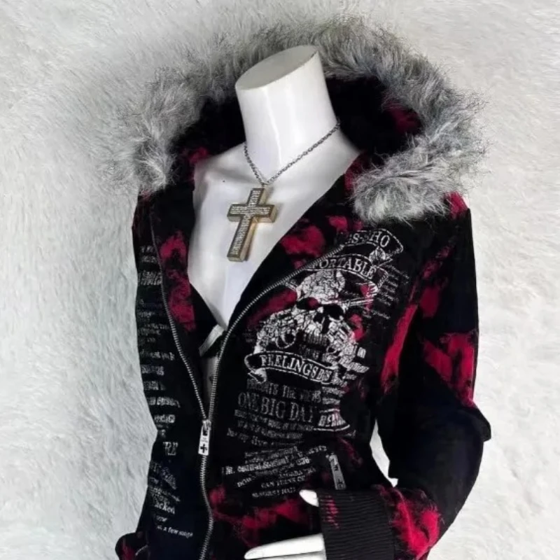 New Gothic geometric print red gradient zipper hoodie women fashion high street fur collar loose sweatshirt for men and women