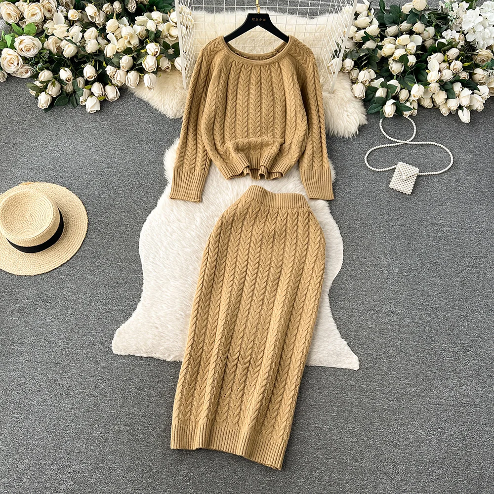 

Croysier Casual Cable Knit Two Piece Set Pullover Sweater Jumper And High Waist Pencil Midi Skirt Co Ord Sets For Women Outfit