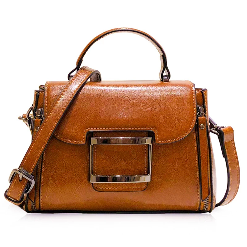 High Quality Oil Wax Cowhide Top Handle Bag Crossbody Tote Handbag Simple Fashion Genuine Leather Women Shoulder Messenger Bags