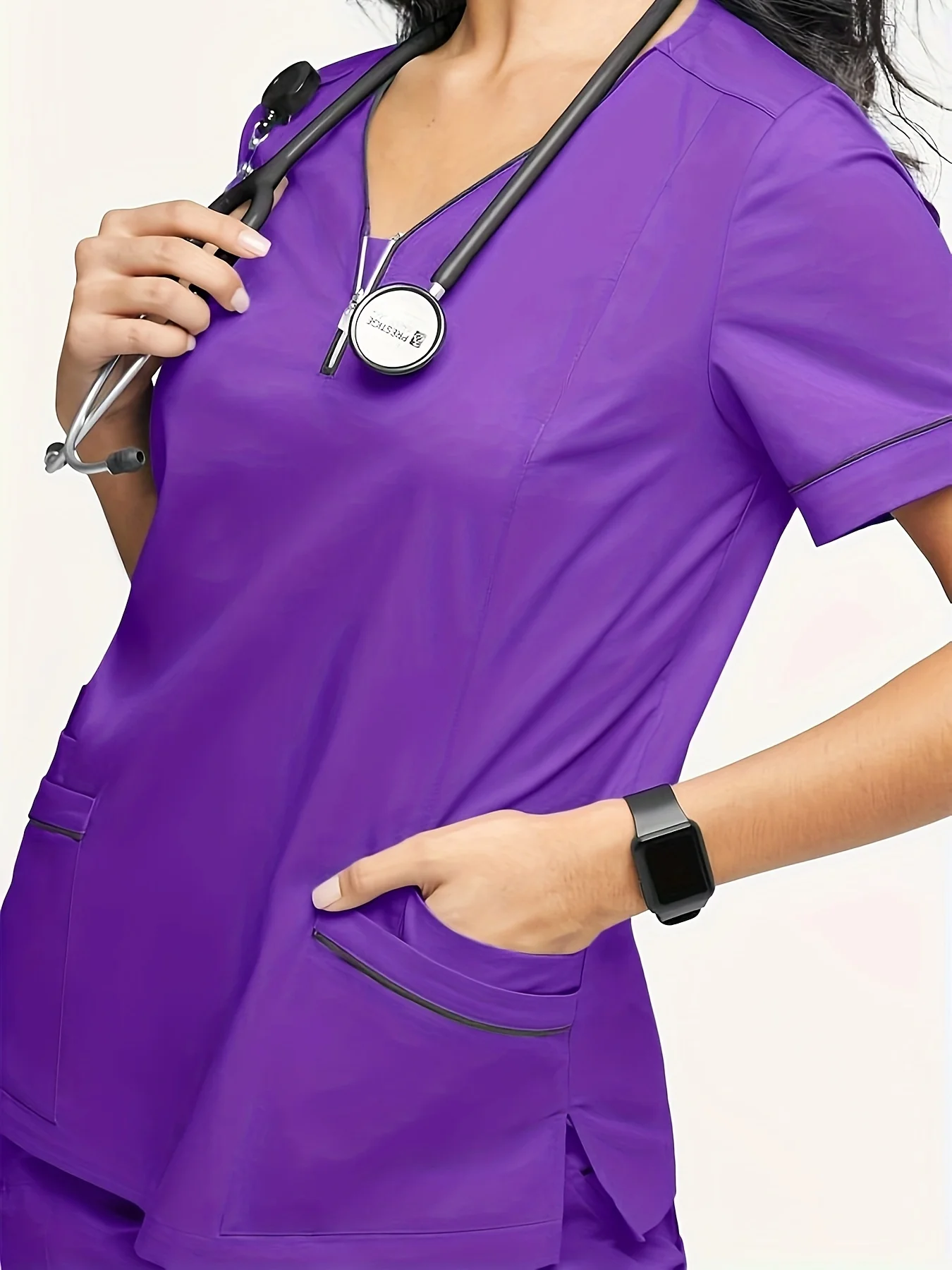 Solid Scrub Two-piece Set, Short Sleeve V Neck Scrub Top & Pants Outfits For Medical, Health Care Uniform, Women's Clothing