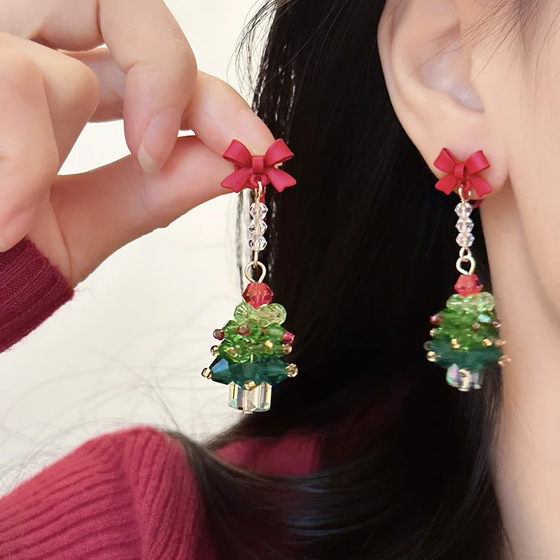 Christmas Earrings for Women Red Bow Christmas Tree Drop Earring 925 Silver Needle Girl Party Jewelry Friend Happy New Year Gift