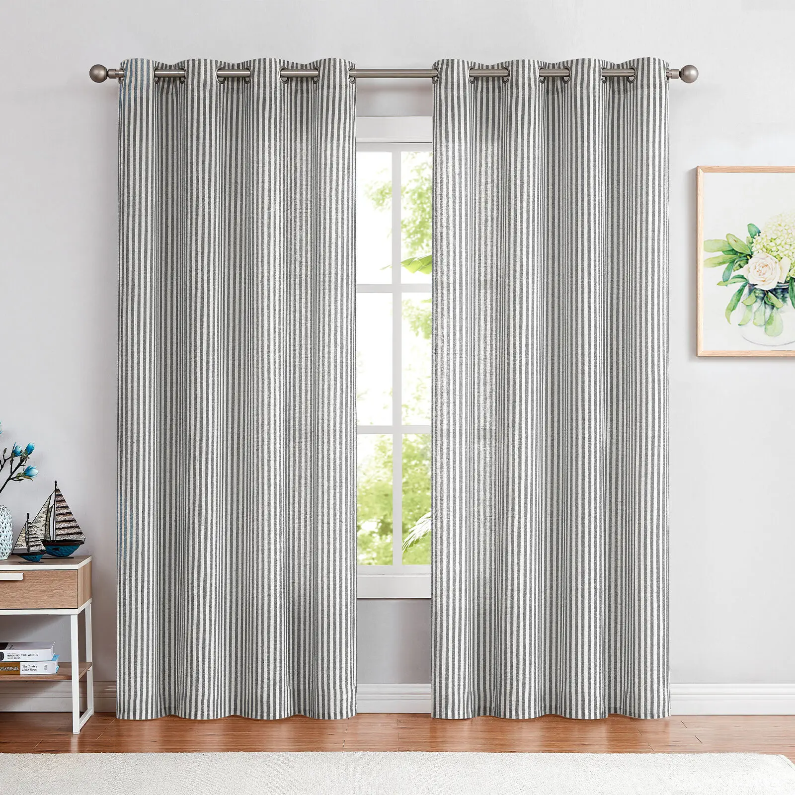 JINCHAN 1 PC Linen Curtains for Living Room Striped Curtains Farmhouse Ticking Stripe Bedroom Country Window  Curtains Grommet