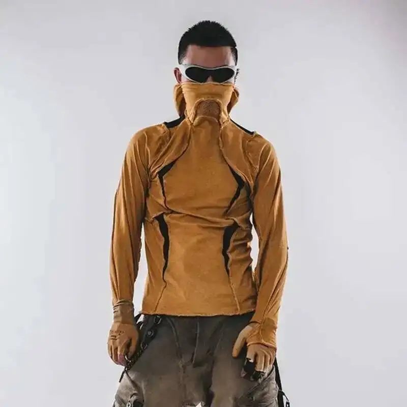 HKSH Autumn New Men's Tide Geometric Spliced Outer Edge Vintage Hooded Cotton T-shirts Techwear Waste Land Patchwork Tees HK2393