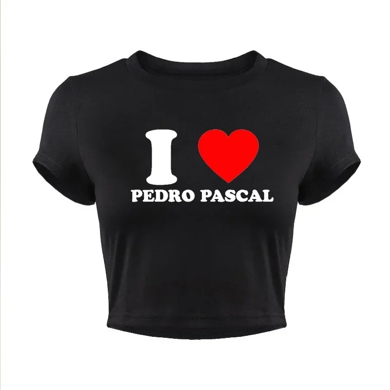 I Love Pedro Pascal Funny Red Love Heart Women Cropped Top 2000s Grunge Baby Tee Causal Baby Tee Harajuku T-shirts Femme