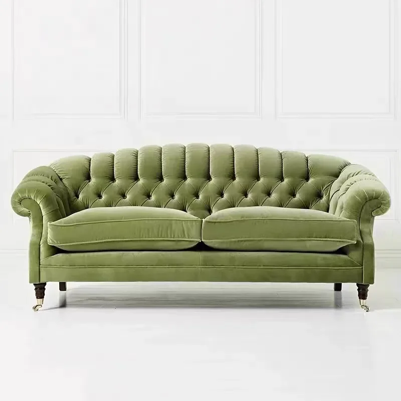 French Retro Light Luxury Velvet Fabric Sofa with Pull Buttons Medieval Style Designer Small Apartment Three Seater Couch
