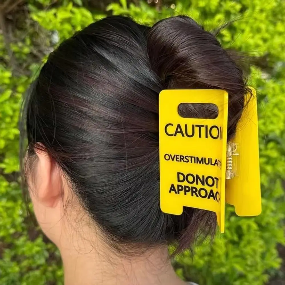 Vibrant Yellow Caution Sign Hair Clip Strong Grip S/L Overstimulated Hair Claw Clip Novelty Overstimulated Caution Sign