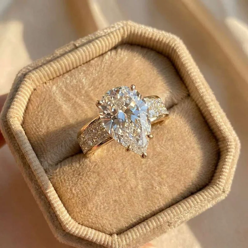 Women's 925 Sterling Silver Gold Color Water Drop CZ Wedding Ring