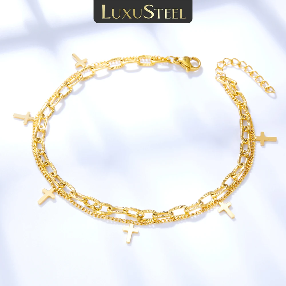 Luxusteel cruz dupla pé corrente tornozeleiras para mulheres pulseira na perna de aço inoxidável corrente tornozeleiras festa de casamento jóias