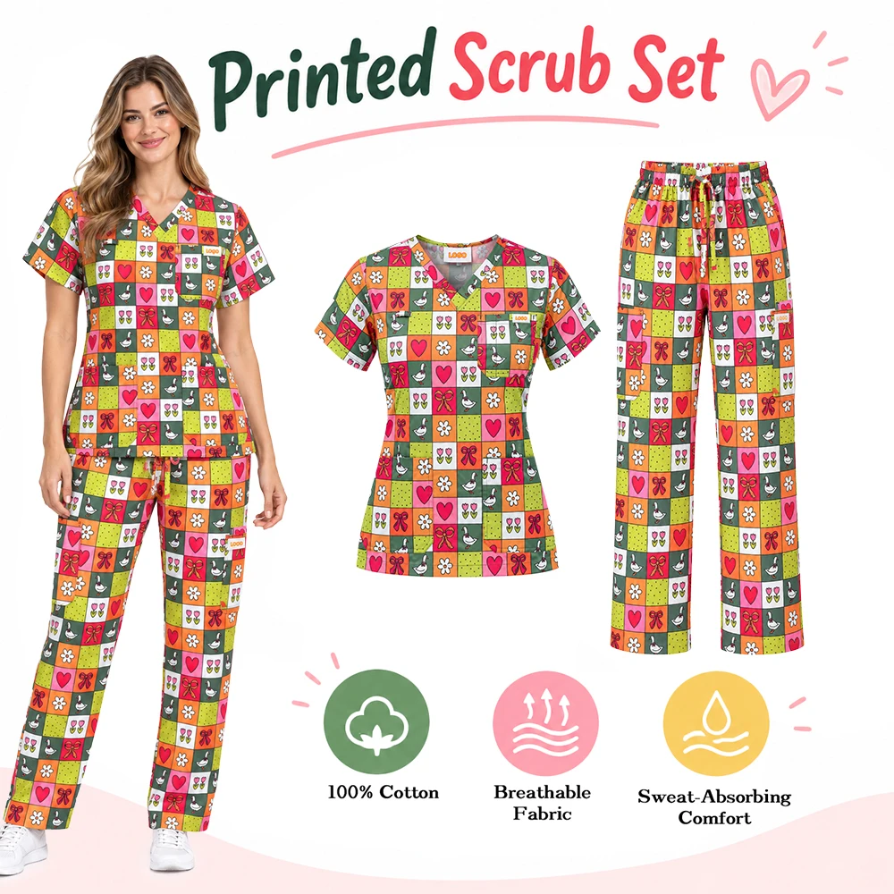 Printed V-neck Medical Nursing Sets for Women Dental Hospital Scrub Uniform Set Plus Top and Pants Work Outfit P0001