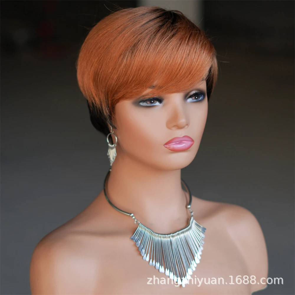 Parrucca di capelli veri, fascia per capelli corti con meccanismo completo, stile femminile alla moda, oro nero, parrucca marrone rossa