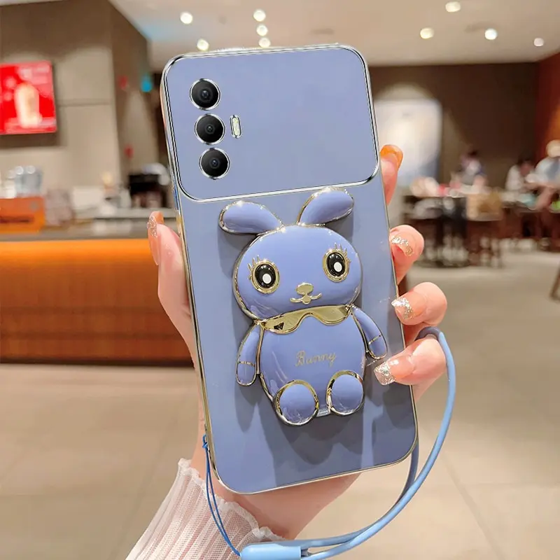 Phone Case For Infinix Tecno Spark 8 Pro Luxury Plating Square Rabbit Holder With Landyard Phone Case Cover