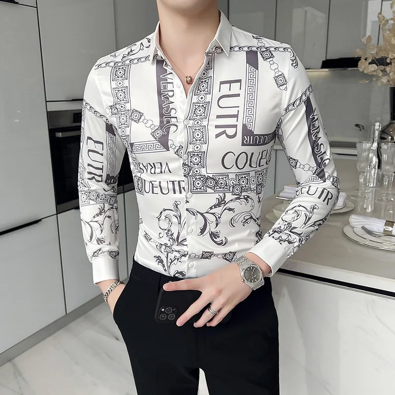 LIFENWENNA European Style Letters Printed Shirt Men New Fashion Luxury Long Sleeve Shirts Male Party NightClub Slim Fit Blouse